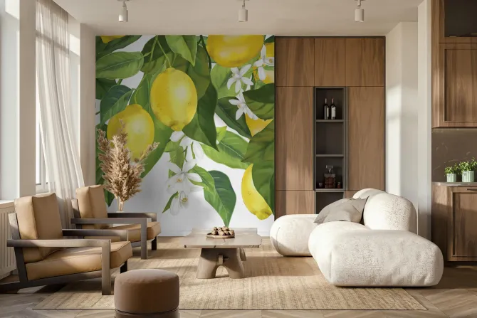 Fototapeta: Cytryny na liściastym drzewie z kwiatami