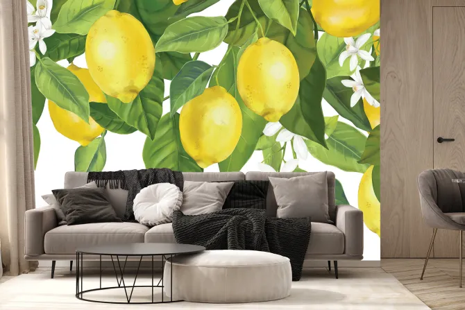 Fototapeta: Cytryny na liściastym drzewie z kwiatami