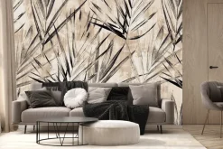 Fototapeta: Czarne liście palm na beżowej ścianie