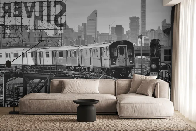 Fototapeta: Czarno białe zdjęcie pociągu na torach