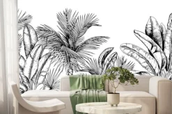 Fototapeta: Czarno biały wzór z palmami i liśćmi bananowca
