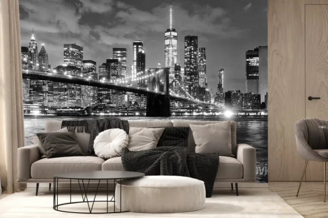 Fototapeta: Czarno-biała panorama nowego jorku nocą z mostem brooklińskim