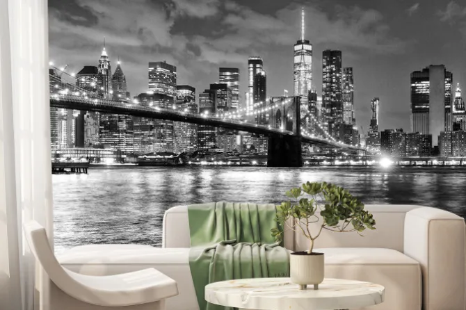 Fototapeta: Czarno-biała panorama nowego jorku nocą z mostem brooklińskim