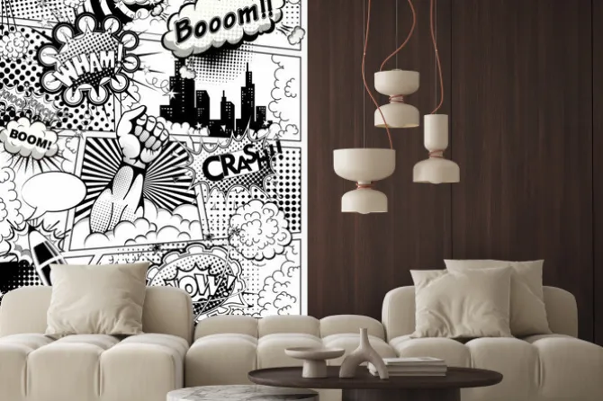 Fototapeta: Czarno-biała strona komiksu z dymkami i rakietą