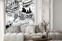 Fototapeta: Czarno-biała strona komiksu z dymkami i rakietą