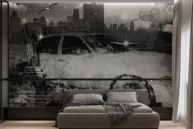 Fototapeta: Czarno-biała taksówka i statua wolności