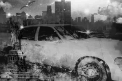 Fototapeta: Czarno-biała taksówka i statua wolności