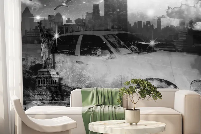 Fototapeta: Czarno-biała taksówka i statua wolności