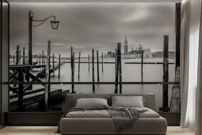 Fototapeta: Czarno-białe zdjęcie z widokiem na kościół