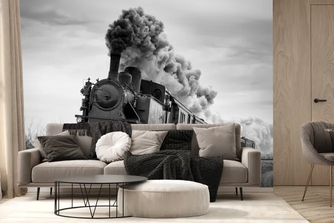 Fototapeta: Czarno-białe zdjęcie jadącego pociągu parowego