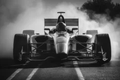 Fototapeta: Czarno-białe zdjęcie formuły 1 z kierowcą