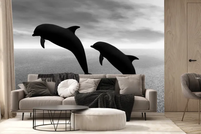Fototapeta: Czarno-białe zdjęcie delfinów na tle wody