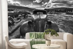 Fototapeta: Czarno-białe zdjęcie wraku samochodu