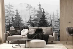 Fototapeta: Czarno-biały akwarelowy górski las