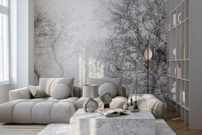 Fototapeta: Czarno-biały las z widokiem na gałęzie drzew