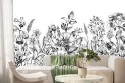 Fototapeta: Czarno-biały rysunek z polnymi kwiatami