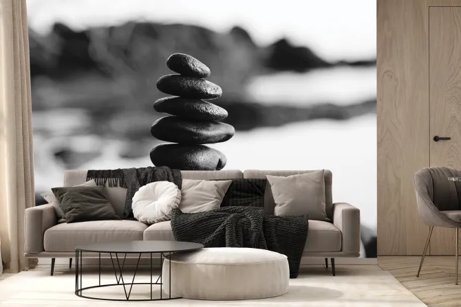 Fototapeta: Czarno-biały wzór z kamieniami na tle morza