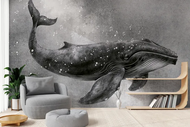 Fototapeta: Czarnobiały wzór śpiew wieloryba i muzyczne nuty