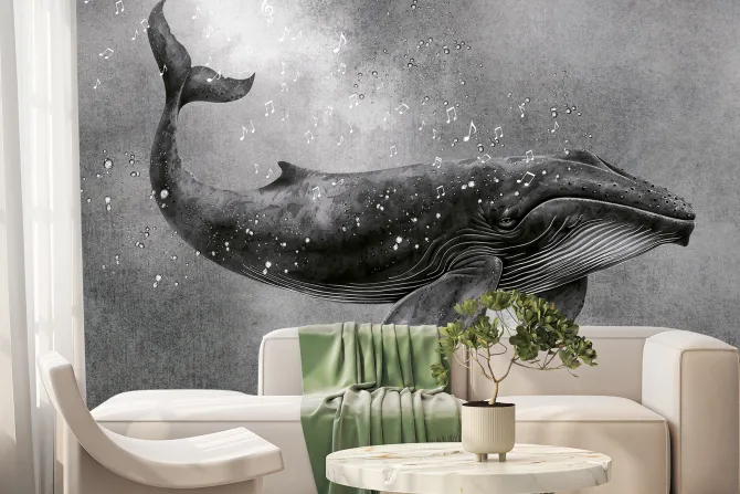 Fototapeta: Czarnobiały wzór śpiew wieloryba i muzyczne nuty