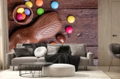 Fototapeta: Czekolada pisanki i słodycze na tle drewnianych