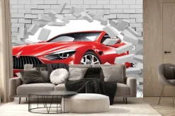 Fototapeta: Czerwone auto przebijające mur