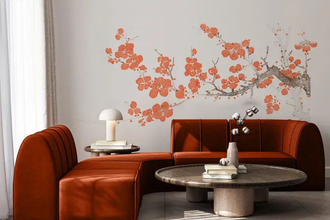 Fototapeta: Czerwone kwiaty wiśni na gałęzi na białym tle