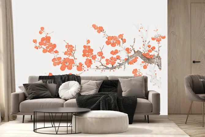 Fototapeta: Czerwone kwiaty wiśni na gałęzi na białym tle