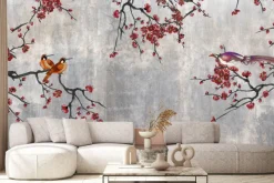 Fototapeta: Czerwone kwiaty z ptakami na betonie