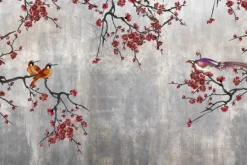 Fototapeta: Czerwone kwiaty z ptakami na betonie