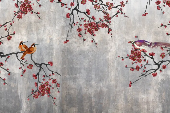 Fototapeta: Czerwone kwiaty z ptakami na betonie