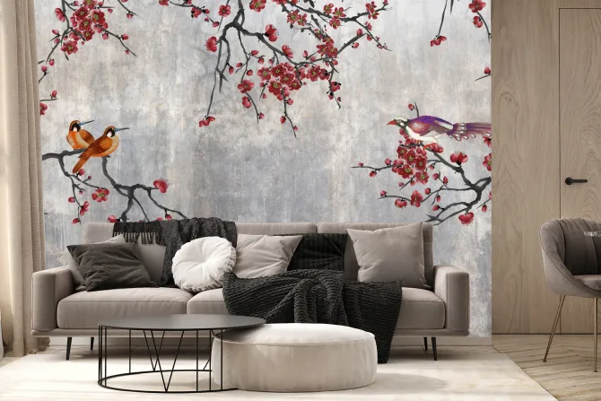 Fototapeta: Czerwone kwiaty z ptakami na betonie