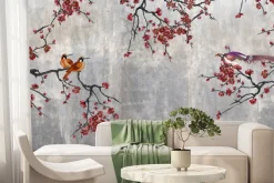 Fototapeta: Czerwone kwiaty z ptakami na betonie