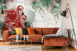 Fototapeta: Czerwone ptaki flamingi i liście monstery