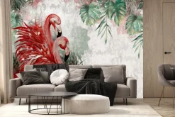 Fototapeta: Czerwone ptaki flamingi i liście monstery