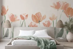 Fototapeta: Czerwone tulipany na pastelowej łące