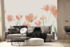 Fototapeta: Czerwone tulipany na pastelowej łące