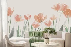 Fototapeta: Czerwone tulipany na pastelowej łące