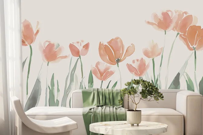 Fototapeta: Czerwone tulipany na pastelowej łące