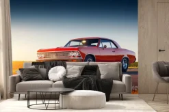 Fototapeta: Czerwone zabytkowe auto na drodze