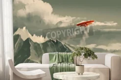 Fototapeta: Czerwony dwupłatowiec na tle gór