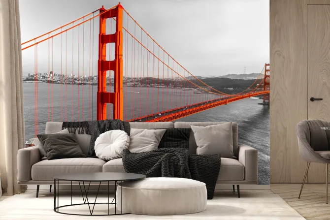 Fototapeta: Czerwony most w czaro-białej scenerii