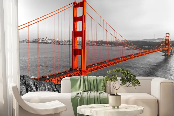 Fototapeta: Czerwony most w czaro-białej scenerii