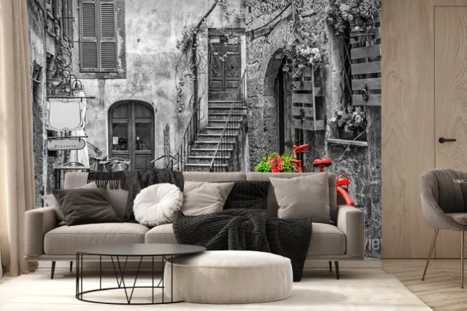 Fototapeta: Czerwony rower na uliczce w toskanii