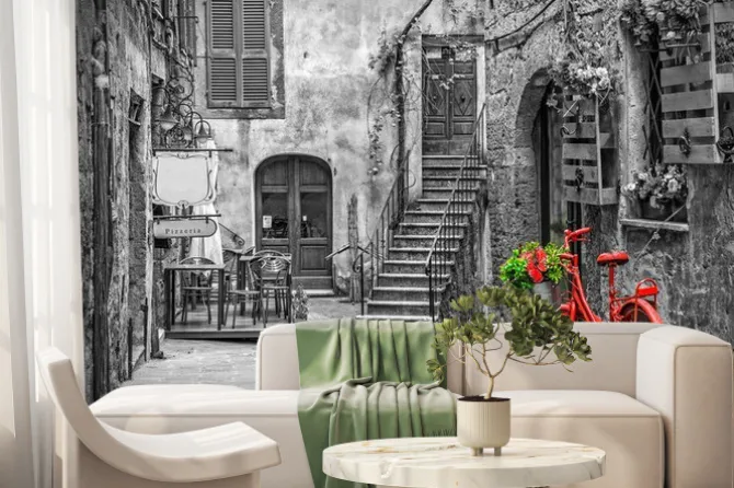 Fototapeta: Czerwony rower na uliczce w toskanii