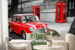 Fototapeta: Czerwony samochód i budki telefoniczne w londynie