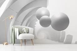 Fototapeta: 3d ściana z tunelem i latającymi piłkami