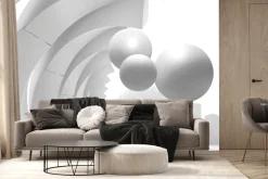 Fototapeta: 3d ściana z tunelem i latającymi piłkami