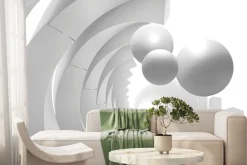 Fototapeta: 3d ściana z tunelem i latającymi piłkami