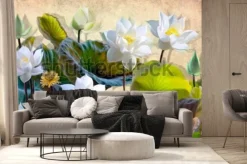 Fototapeta: 3d kwiaty lotosu wśród zielonych liści