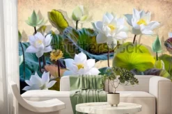 Fototapeta: 3d kwiaty lotosu wśród zielonych liści